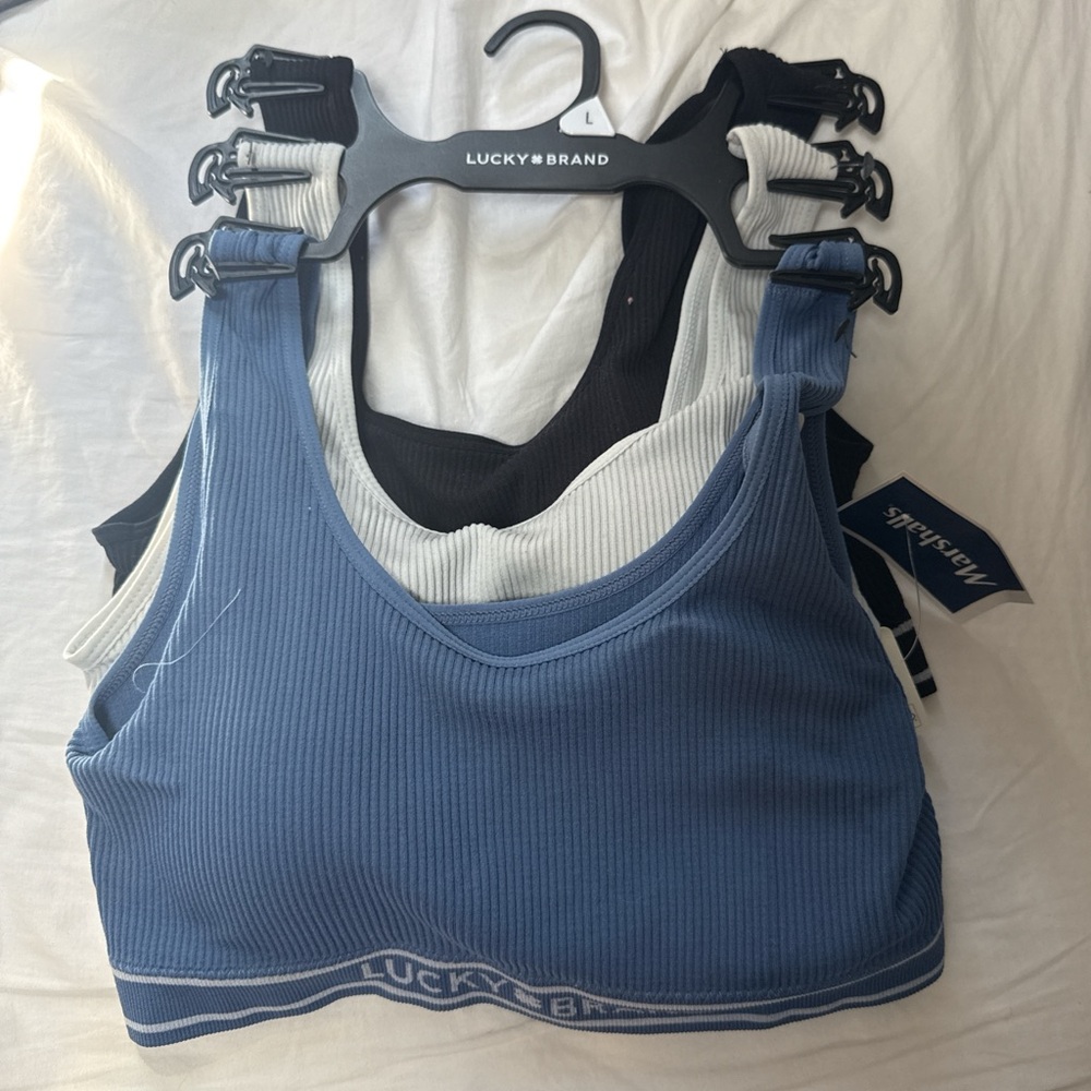 Lucky Brand Ribbed Bralette Trio - Blue, White, Black